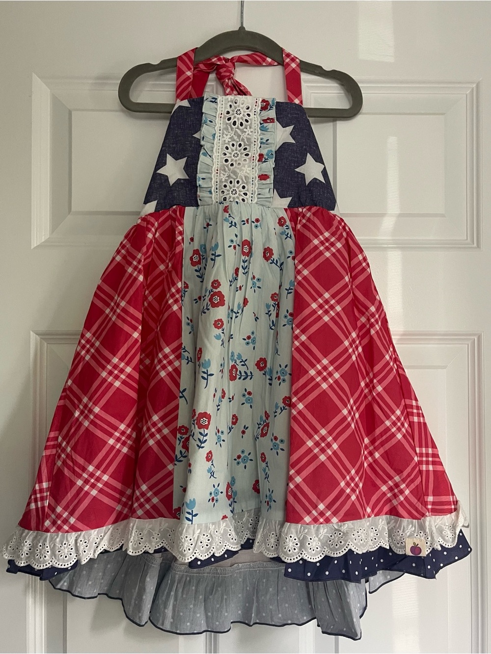Girls Red Plaid & Floral Halter Dress with Lace Trim